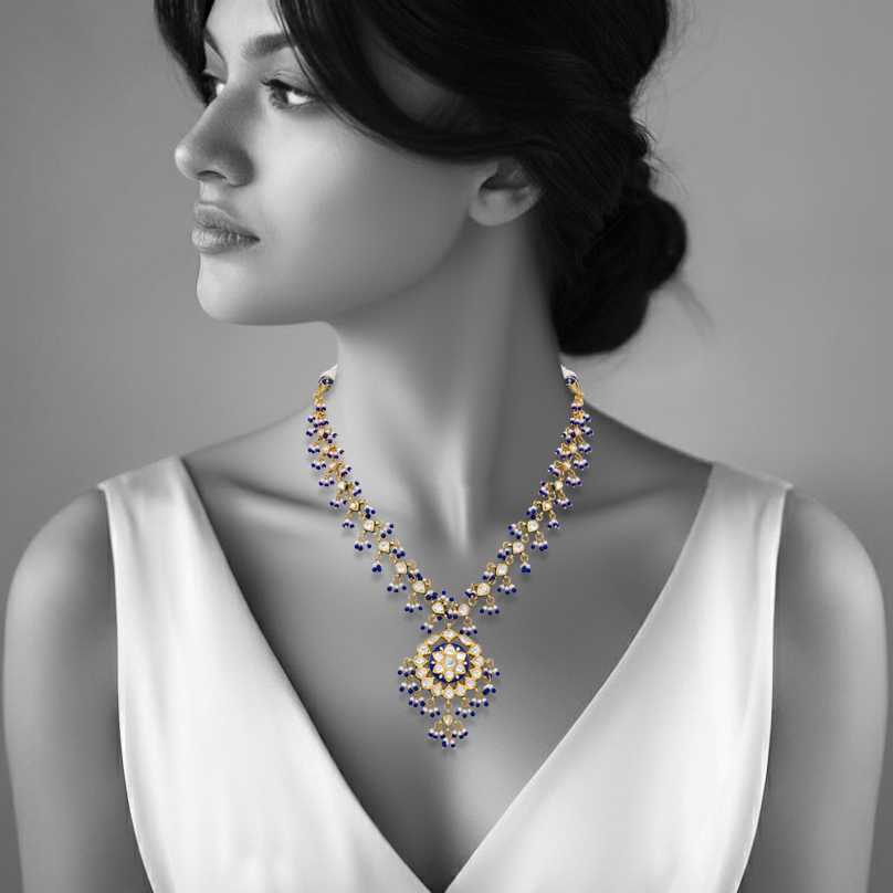 Blue Enamel Polki Necklace with Pearl and Bead Accents